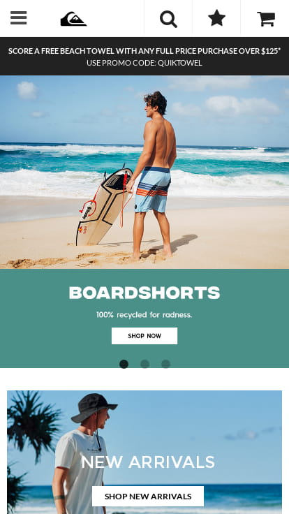 Quiksilver website shown on mobile