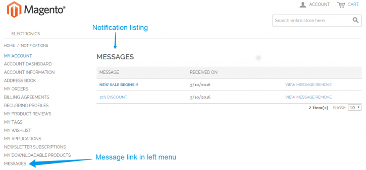 A list of messages shown by the Customer Notifications extension