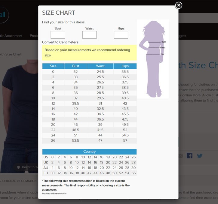 Size chart popup