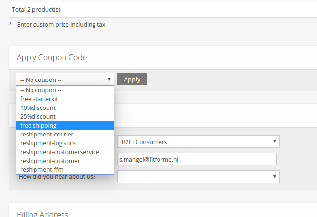 Dropdown of coupons in the admin panel