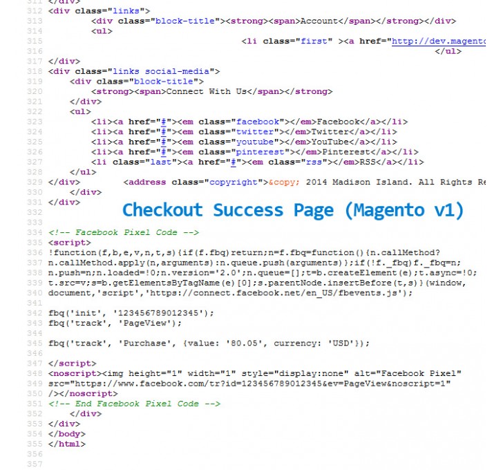 Facebook tracking pixel code on checkout success page
