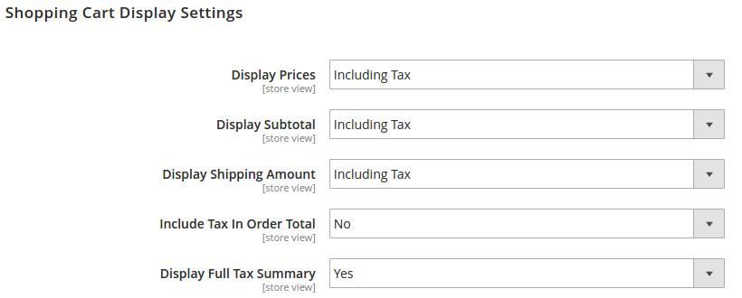 Magento 2 Tax Shopping Cart Display Options